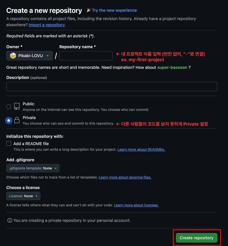 Repository 생성 화면
